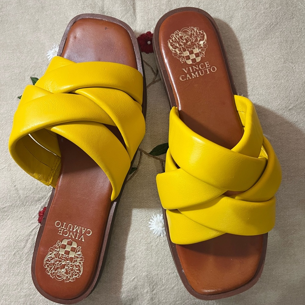 Vince Camuto Yellow Braided Leather Slip-On Sandals
